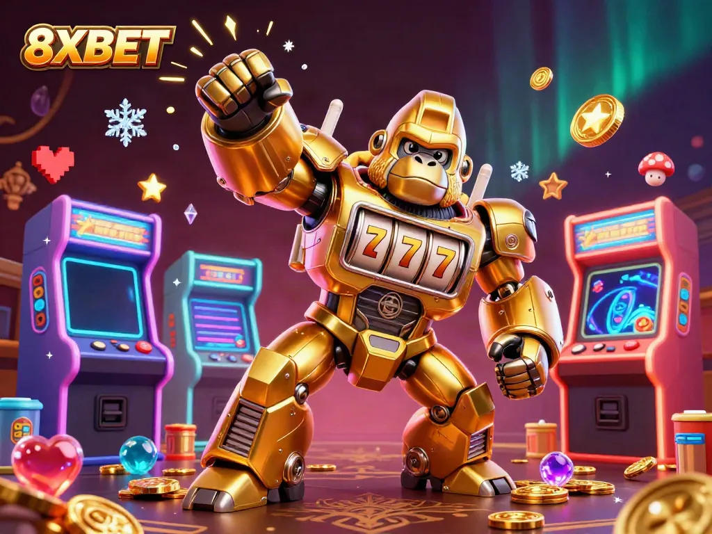 Experience high-stakes fun with 8XBET as a golden gorilla mech symbolizes jackpot excitement.