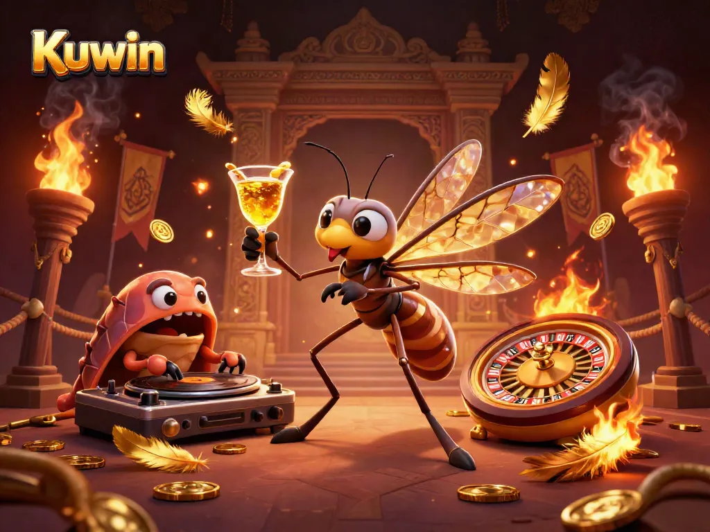 Kuwin's vibrant casino scene features a unique frozen-in-amber mosquito mascot and fossil DJ.