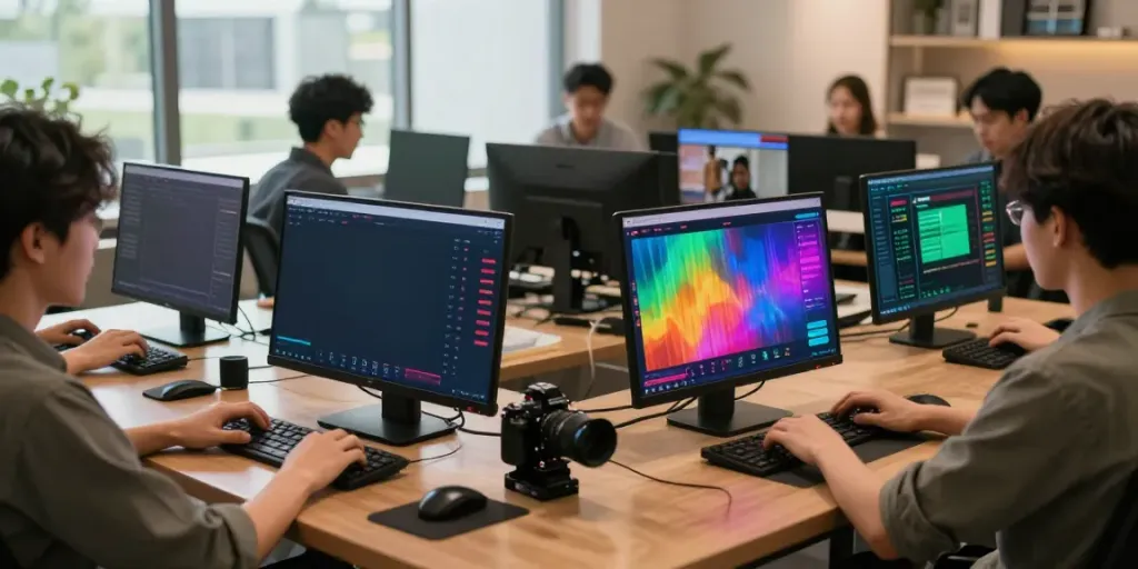 Engaged togel online players analyzing results and trends in a modern home office.