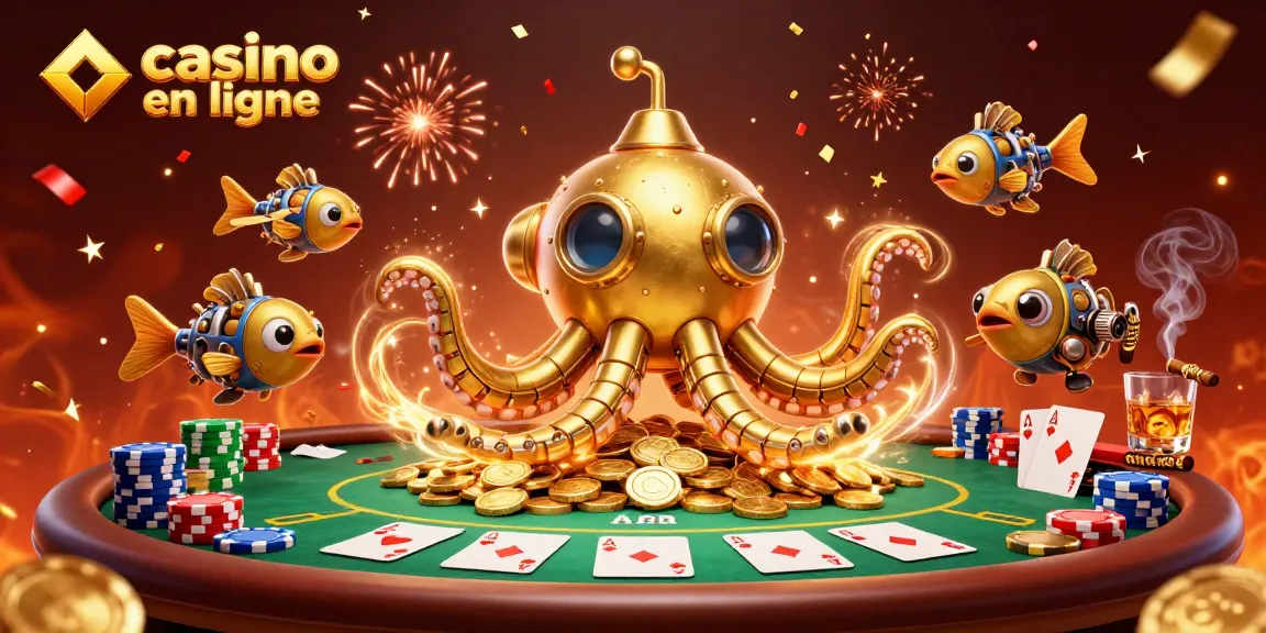 Illustration d'un kraken en or avec des éléments de poker en ligne, célébrant des gains au casino en ligne.
