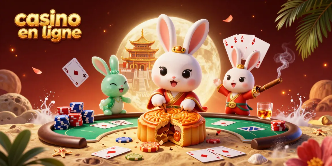 Jeux excitants au casino en ligne avec un lapin de lune traditionnel et des jetons de poker scintillants.