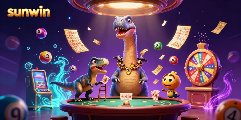Experience thrilling moments at sunwin with a vibrant 3D scene featuring playful characters and dynamic game elements.