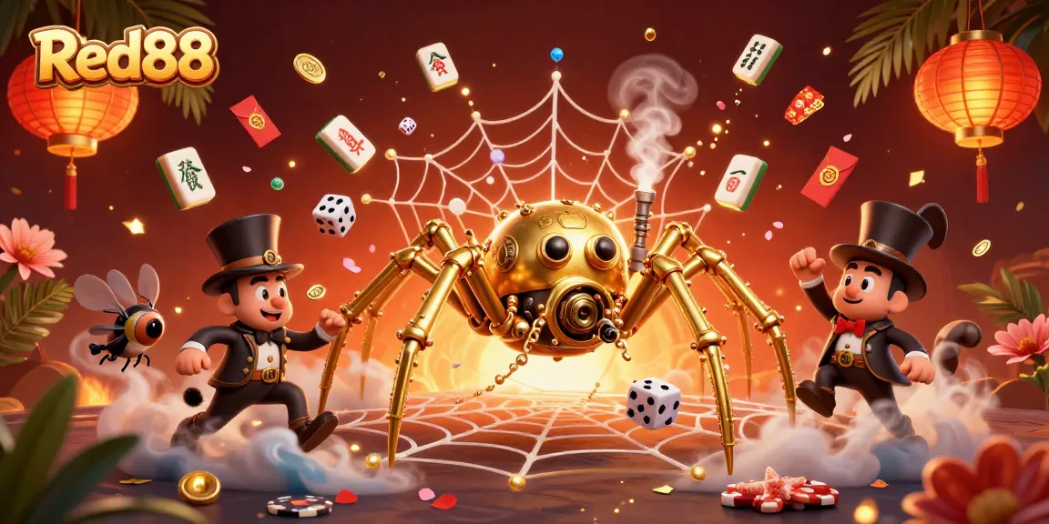 Catch lucky dice in the web at Red88, featuring a steampunk spider and fly gentleman among vibrant casino elements.