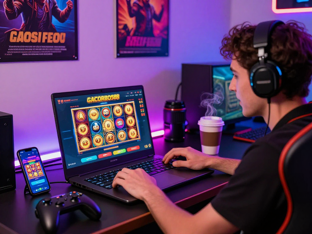 Player enjoying gacor slots on GACORBOS88 platform in vibrant gaming setup.