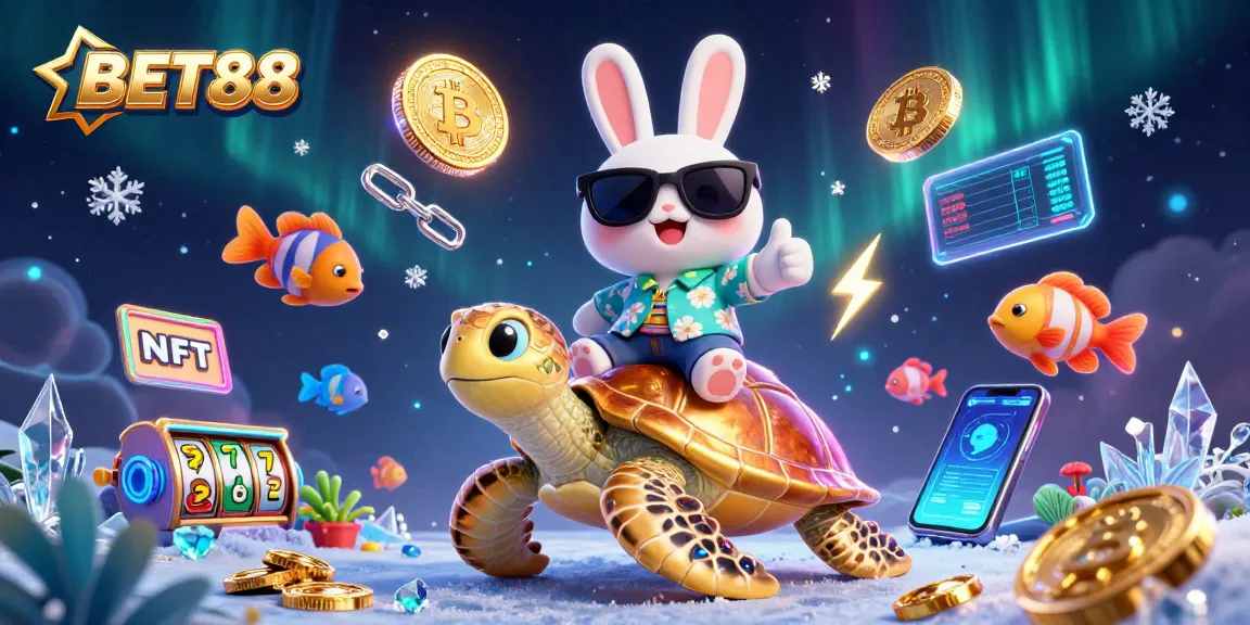 Experience the thrill of BET88 with a vibrant 3D scene showcasing a lucky rabbit, golden turtle, and cryptocurrencies.