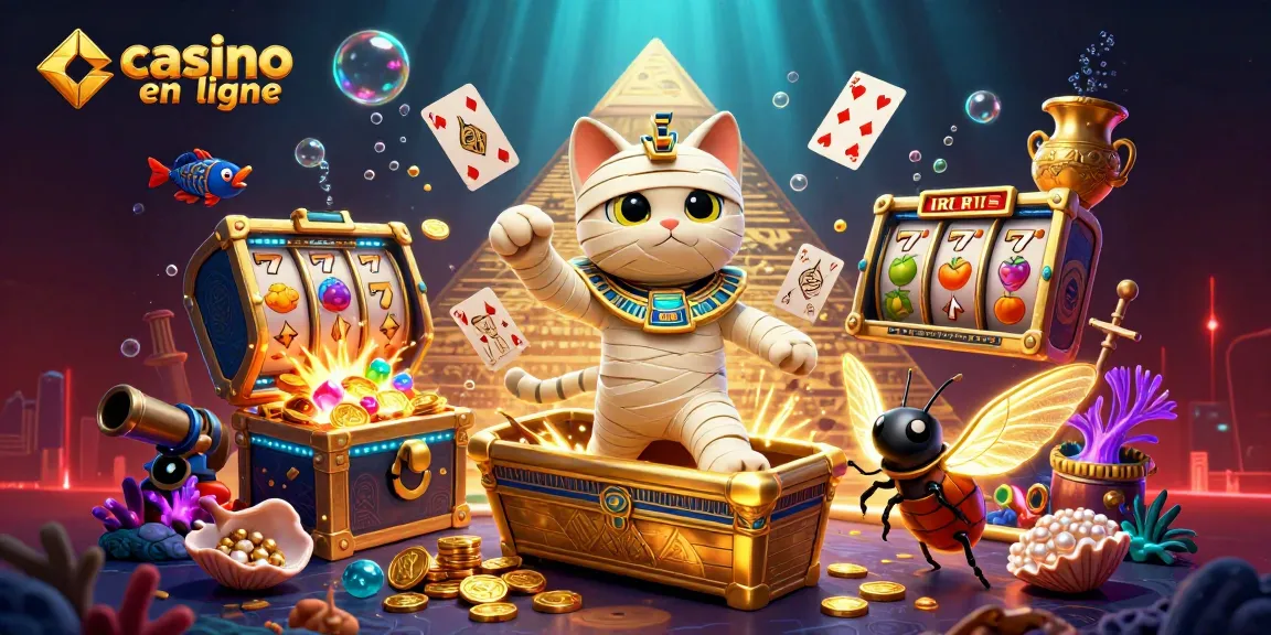 Illustration d'un chat momie égyptien dans un casino en ligne, avec des pièces dorées et des cartes flottantes.