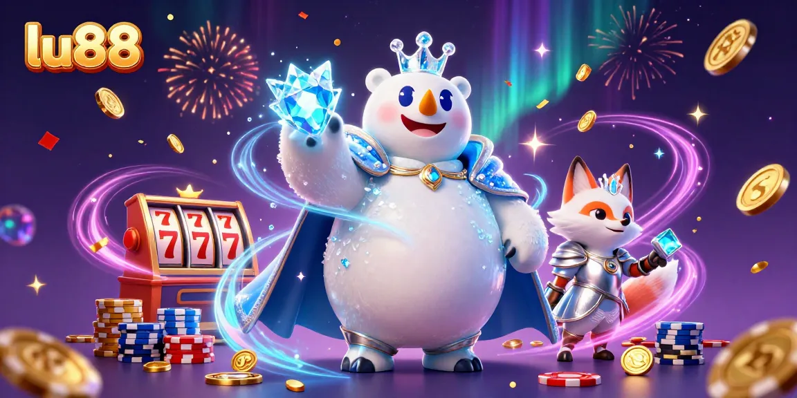 Spin the reels at lu88 with a vibrant scene featuring golden coins, slot machines, and dynamic gaming energy.