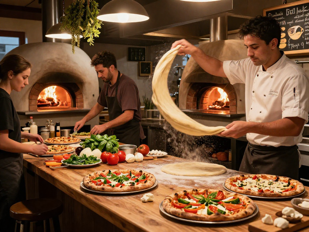 Delicious pizza creation in a vibrant kitchen with fresh ingredients, showcasing the slot cooking technique