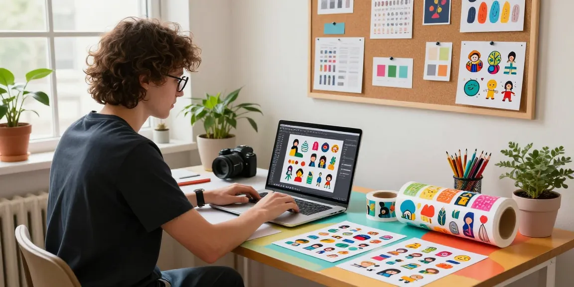 Custom stickers arranged in a vibrant creative studio, showcasing design processes and inspirations