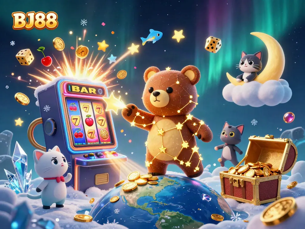 BJ88 captures the excitement of online gaming with rich visuals, showcasing jackpot slots and colorful casino elements.