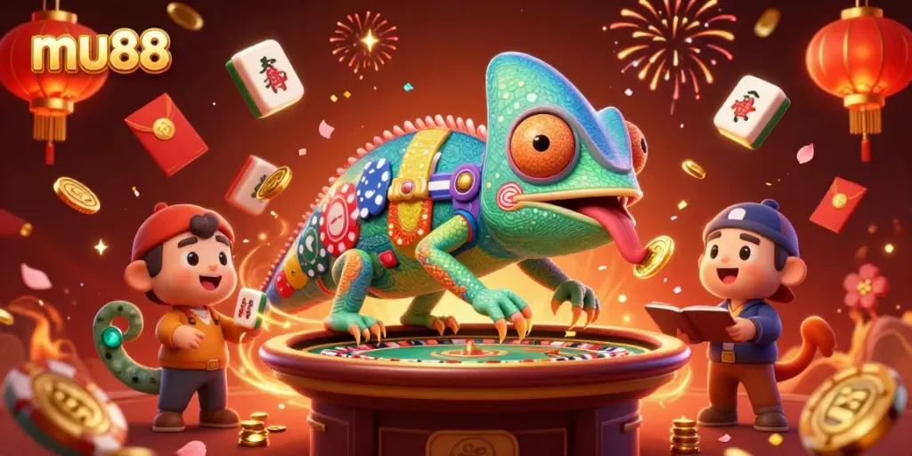 Experience thrilling moments at mu88 with vibrant visuals featuring an animated chameleon casino owner.