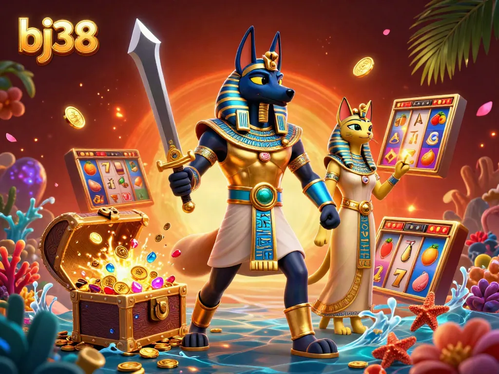 Spin the reels at bj38 with Anubis and Bastet in this vibrant casino illustration featuring golden treasures.