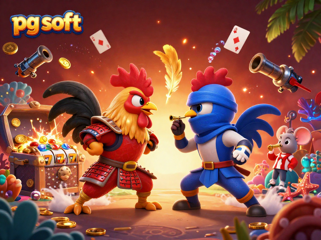 Experience the thrilling showdown of 3D cartoon roosters in samurai and ninja gear in a casino-themed setting with pg soft elements.
