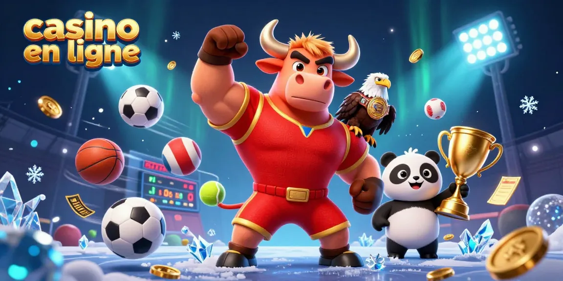 Célébrez les victoires au casino en ligne avec un taureau et un panda, entourés d'éléments de jeu.