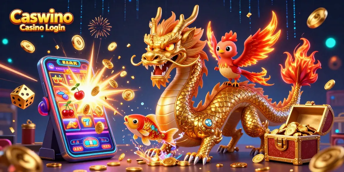 Experience Caswino Casino Login with a vibrant 3D dragon scene filled with gold coins and dynamic gaming elements.