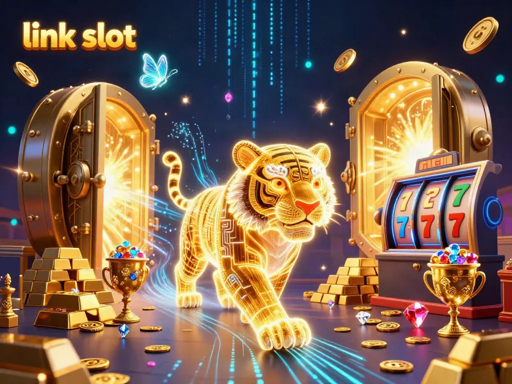 Experience the thrill of winning with the vibrant link slot scene teeming with casino elements and adventure.