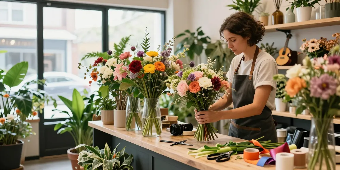 Florist arranging seasonal flowers in a vibrant flower shop using a slot technique for bouquet design.