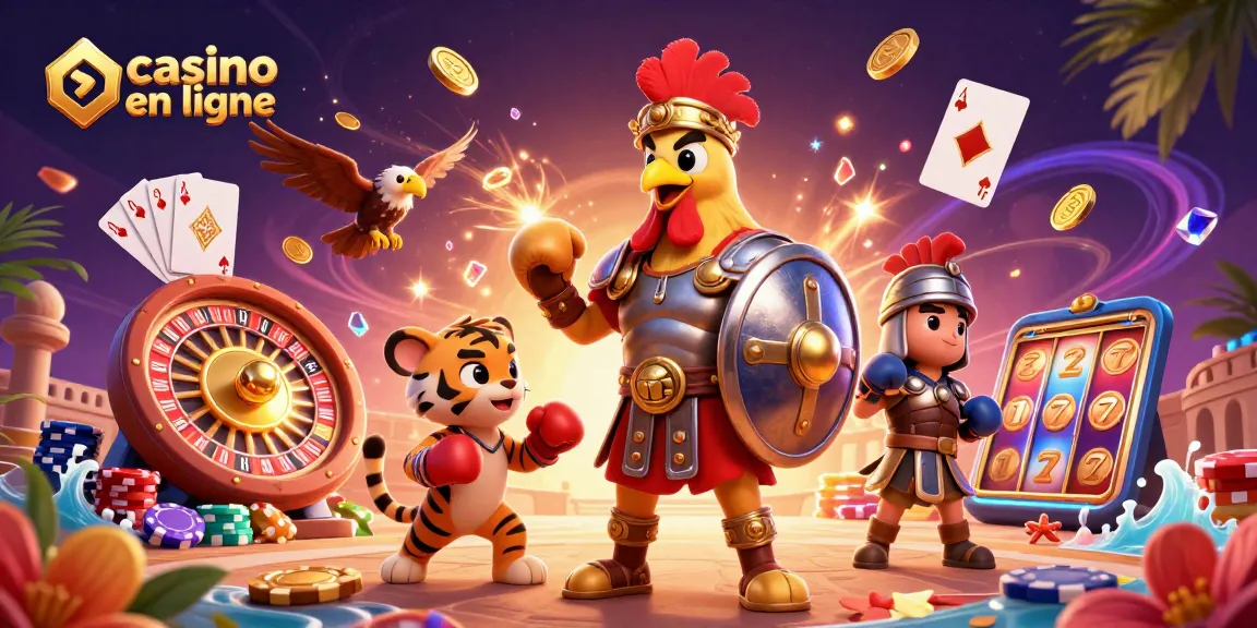 Illustration dynamique de casino en ligne mettant en scène un coq gladiateur et un tigre cub, avec des pièces d'or.