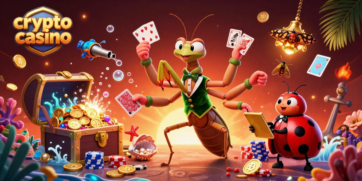 Jouer dans un crypto casino aux côtés d'un caméléon gérant et d'une mante religieuse à l'ambiance colorée.