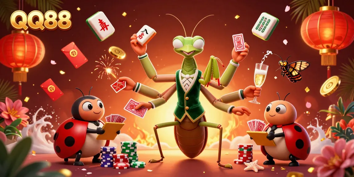 Experience vibrant QQ88 gaming with a 3D cartoon mantis dealer and lucky game elements.