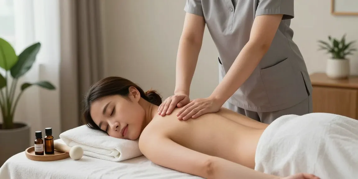 Young woman enjoying 강서구출장안마 at home with a professional therapist in a calm setting