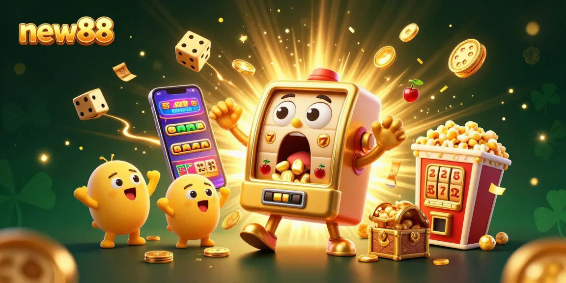 Experience the thrill of winning at new88 with a lively illustration of a golden slot machine hitting the jackpot.