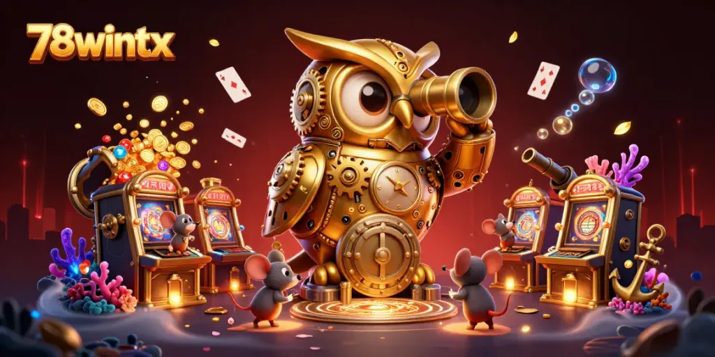 Experience the excitement of 78wintx with a vibrant 3D illustration showcasing a clockwork owl in a bustling casino setting.