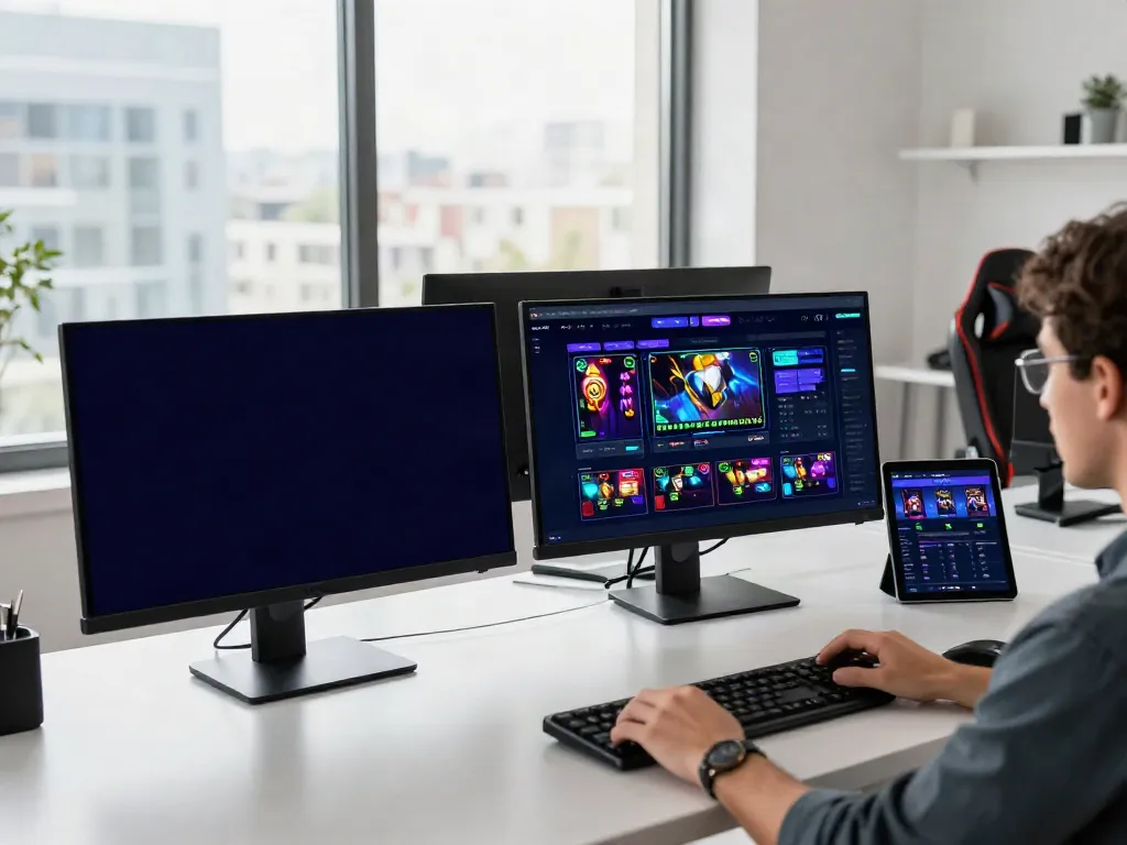 Workspace lambe777 dengan statistik permainan slot terkini dan perangkat gaming di sekitar.