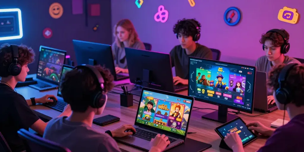 Exciting gaming activity with players enjoying ROKOK88 super on multiple devices in a spirited environment.