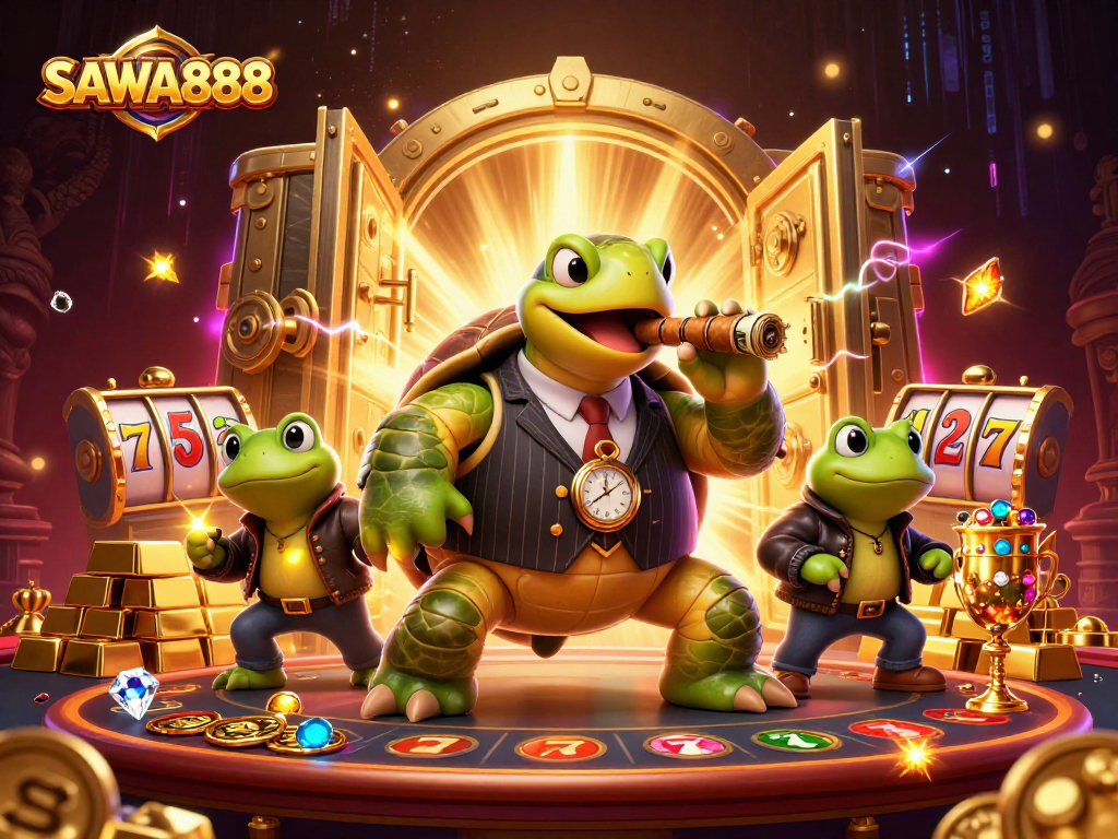 SAWA888 showcases a dynamic casino scene with a massive snapping turtle and frog enforcers amidst treasures.
