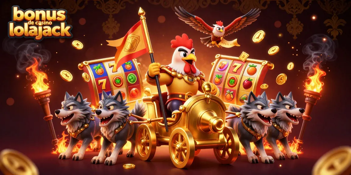 Experience the thrilling bonus de casino lolajack with vibrant 3D elements, slot references, and gold coins.