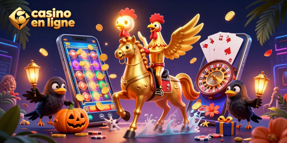 Visuel captivant de casino en ligne avec un coq doré et des crows illuminés, illustrant un jeu vibrant