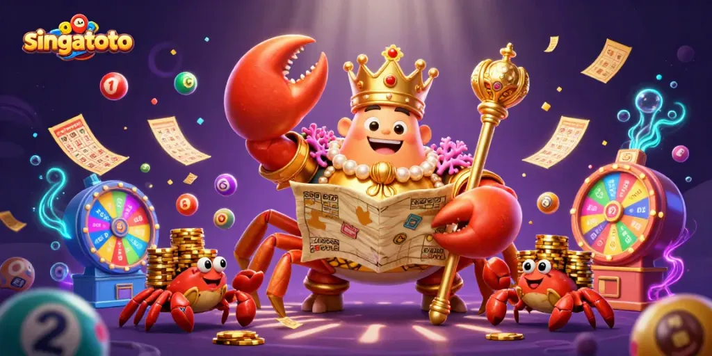 Singatoto showcases an emperor crab overseeing dynamic lottery elements in a vibrant casino scene.