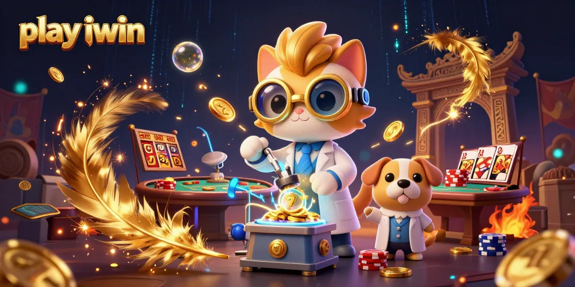 Play iwin features a vibrant scene of a cat scientist creating coins amid gambling elements.