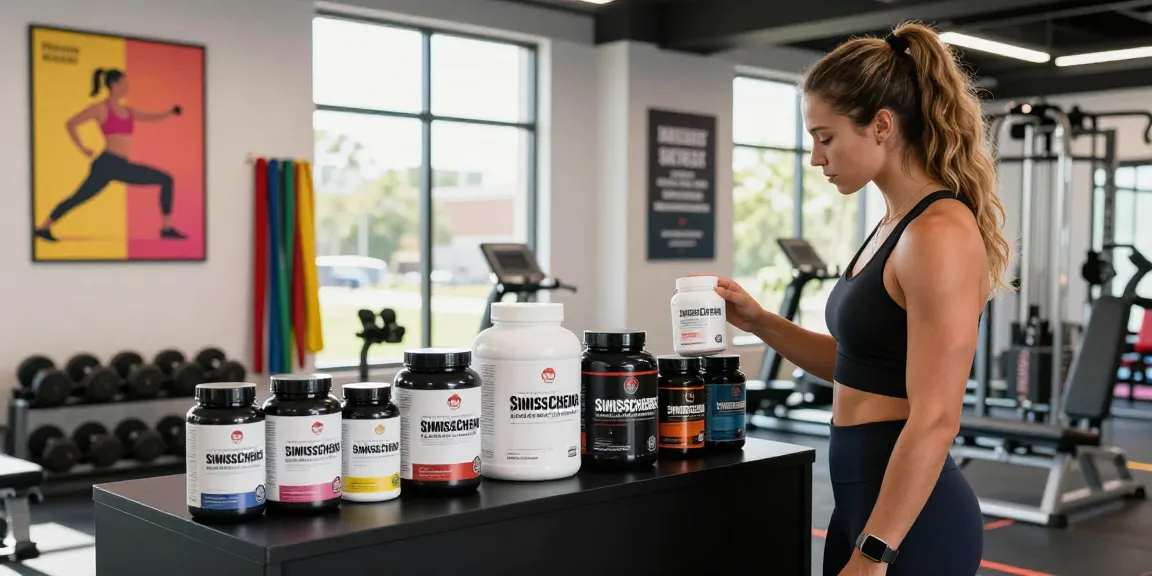 SwissChems supplements displayed in a modern gym environment with fitness enthusiast.