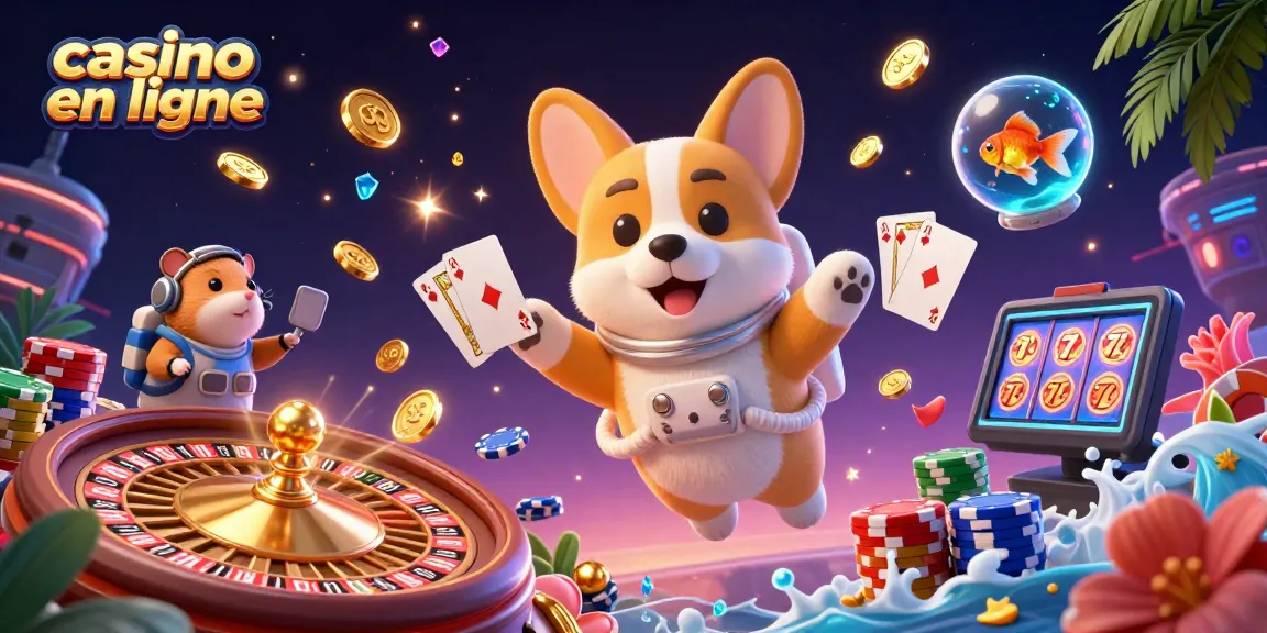 Découvrez une illustration animée d'un casino en ligne avec un corgi astronaute et des éléments de jeu.