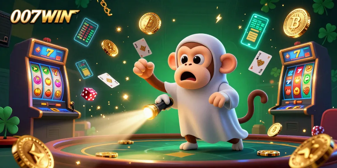 Engage with thrilling gameplay at 007WIN, where the ghostly monkey juggles golden coins in a vibrant virtual casino.