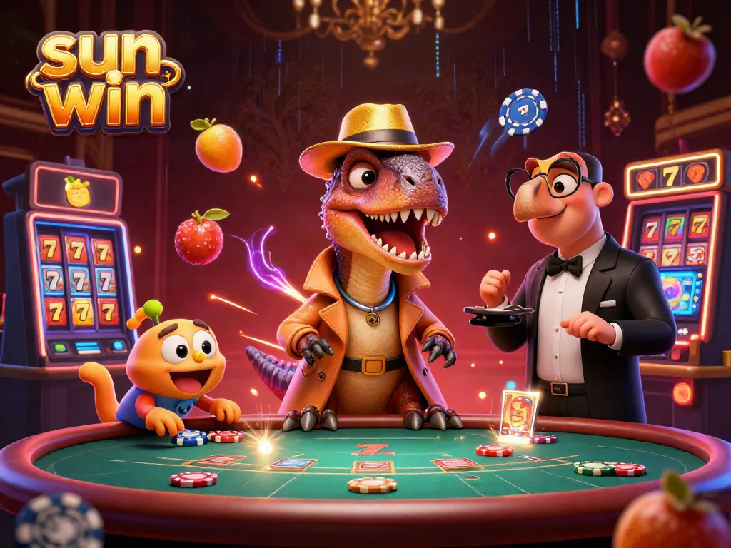 Experience thrilling gameplay like sun win with a cartoon velociraptor card counter at a jackpot table, surrounded by dynamic slot elements.