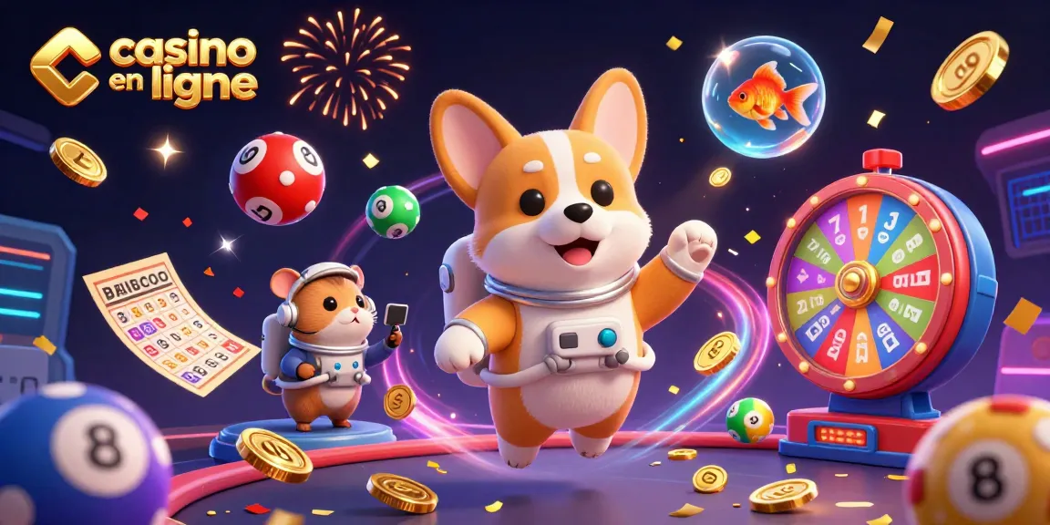 Vision fascinante d'un casino en ligne où un corgi astronaute et un hamster coordonnent une loterie flottante.