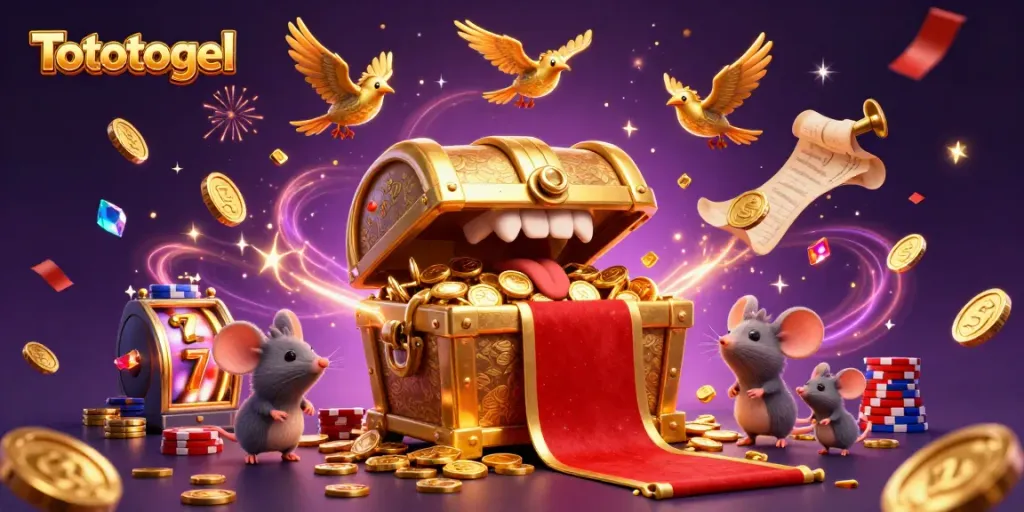 Tototogel mengundang pemain dengan peti harta karun emas dan simbol slot beruntung.