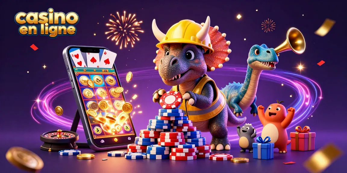 Illustration 3D dynamique avec un triceratops et un parasaurolophus célébrant, représentant le casino en ligne.