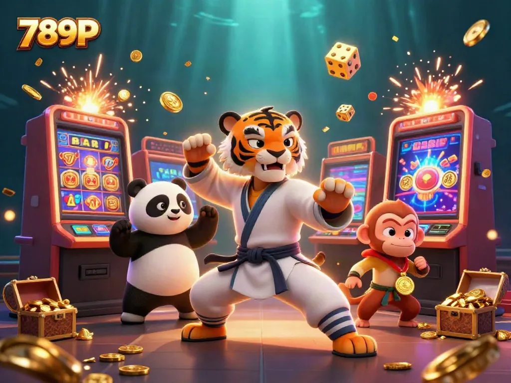Experience the thrill of 789P with a cartoon tiger master and playful elements in a vibrant casino scene.