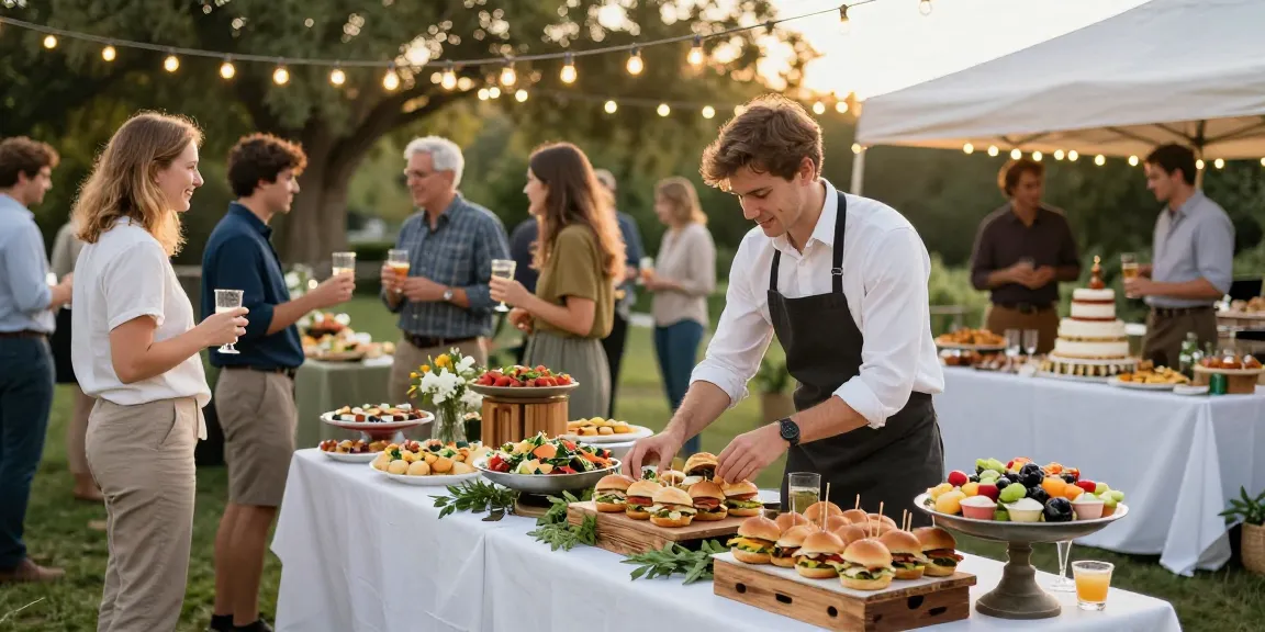 Slot setup at a catering event with gourmet food display and lively atmosphere