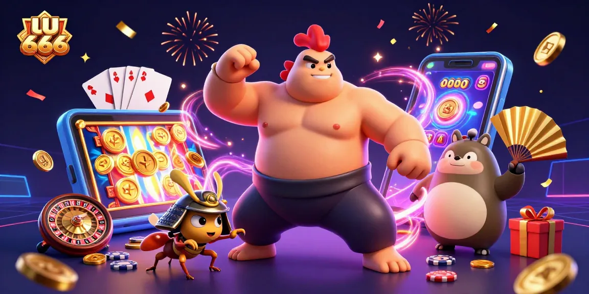 Engaging scene of UU666 with a powerful sumo rooster, samurai cricket, and tanuki announcer in a vibrant casino-themed celebration.