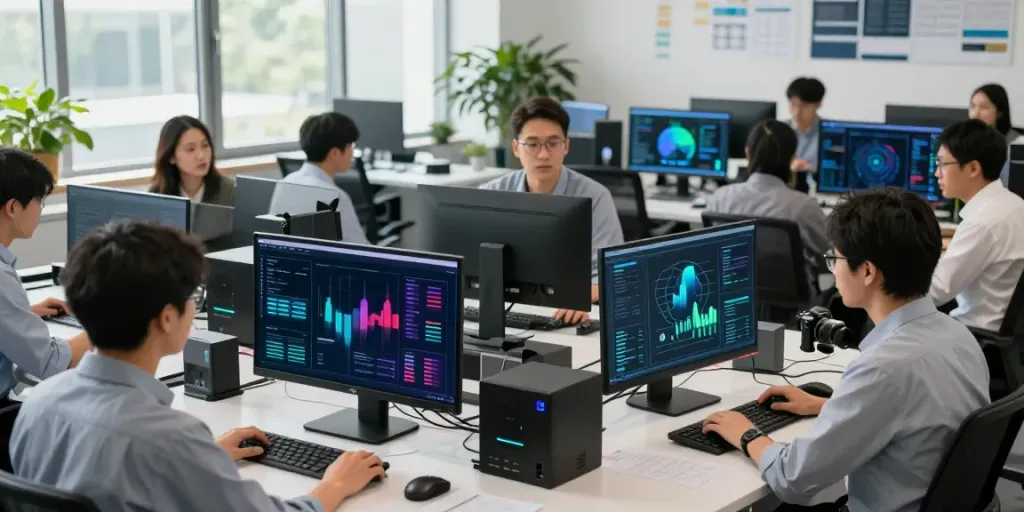 Tim profesional bekerja sama mengelola infrastruktur AI pada LAMBE777 5kw.