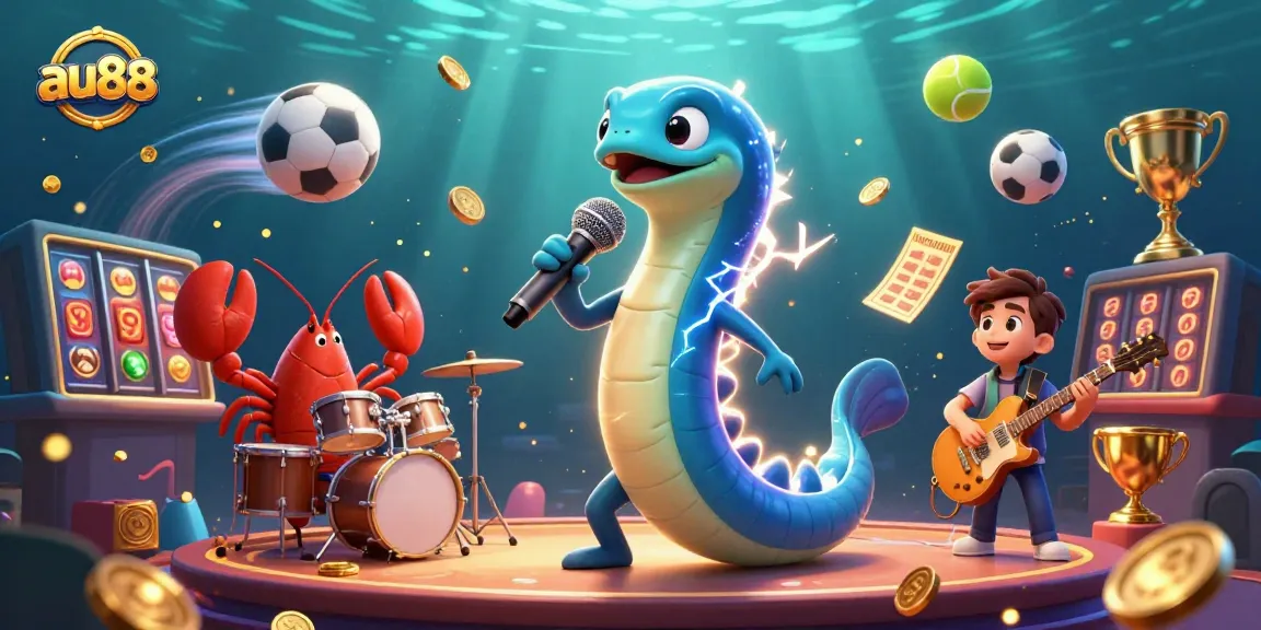 Engage with the thrilling underwater casino scene featuring au88's electric eel DJ, showcasing dynamic sports and slot elements.