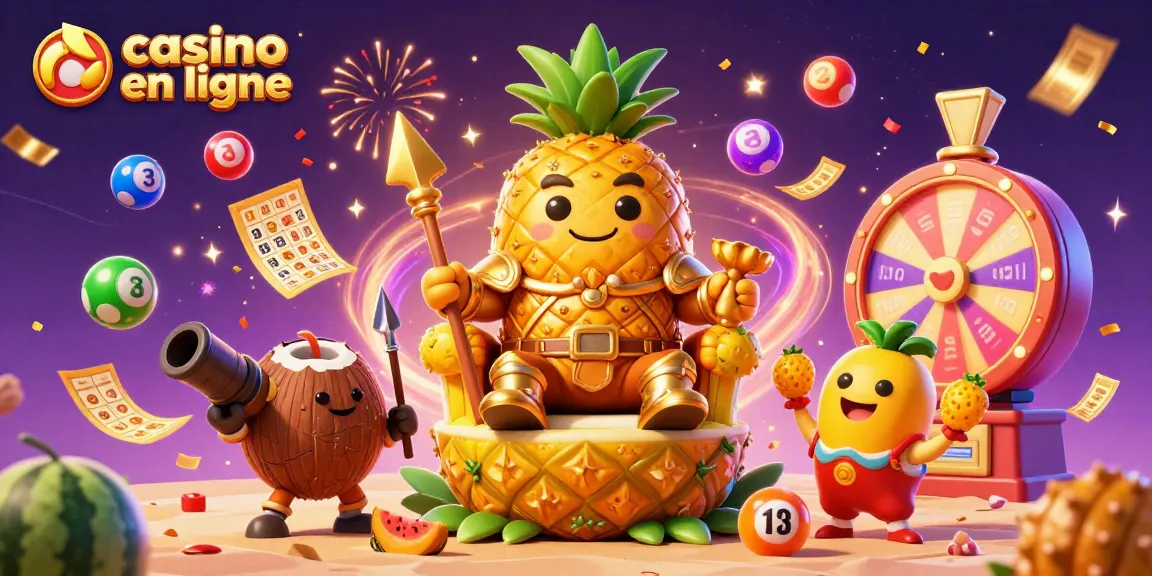 Engagez-vous dans le casino en ligne avec le roi ananas et ses compagnons dans une scène festive.