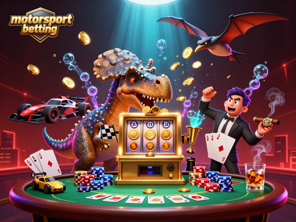 Experience motorsport betting excitement with a 3D cartoon scene featuring thrilling characters and casino elements.