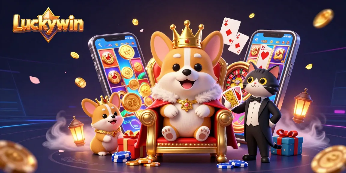Experience big wins with Luckywin in this vibrant 3D casino scene featuring royal corgi royalty!