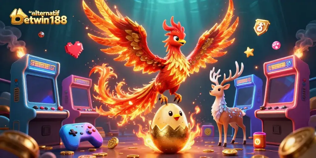 Menyediakan link alternatif betwin188 yang cepat dan mudah, dengan ilustrasi phoenix imersif dan elemen permainan kasino.